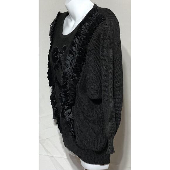 Vintage Bonnie & Bill Sweater S Blk Bead Satin Ruffles Ribbons Holiday Christmas - Picture 3 of 7